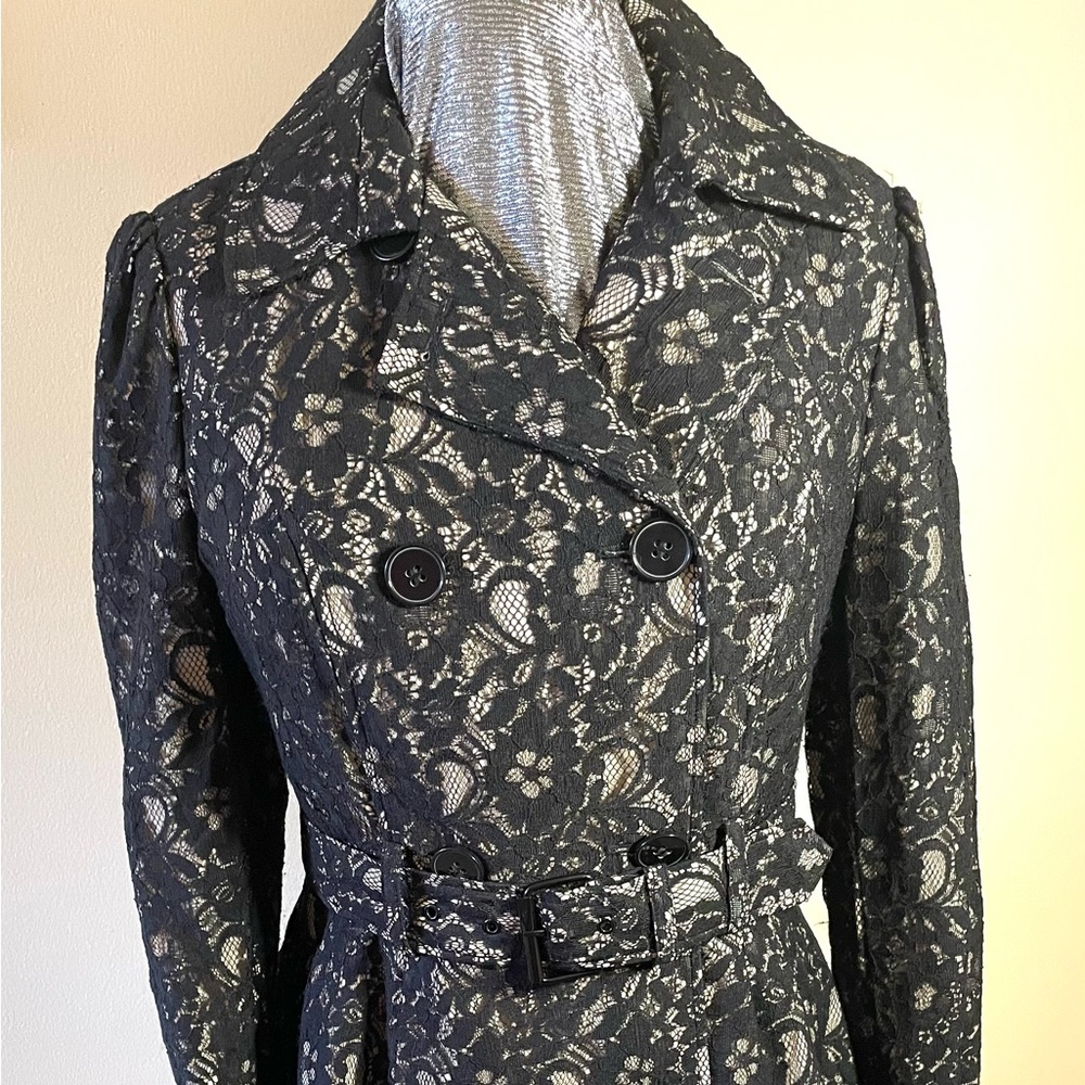 Cass Trench Coat  Womens Size Large Black Lace double Breasted Classy Waist Tie